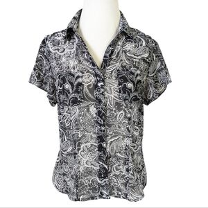 Vintage 90s Emma James Sheer Top Sz 8 Black and White Paisley Tab Shoulders Med